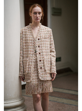 Holypark 2022秋冬 进口羊毛粗花呢重工套装小香风流苏外套两件套