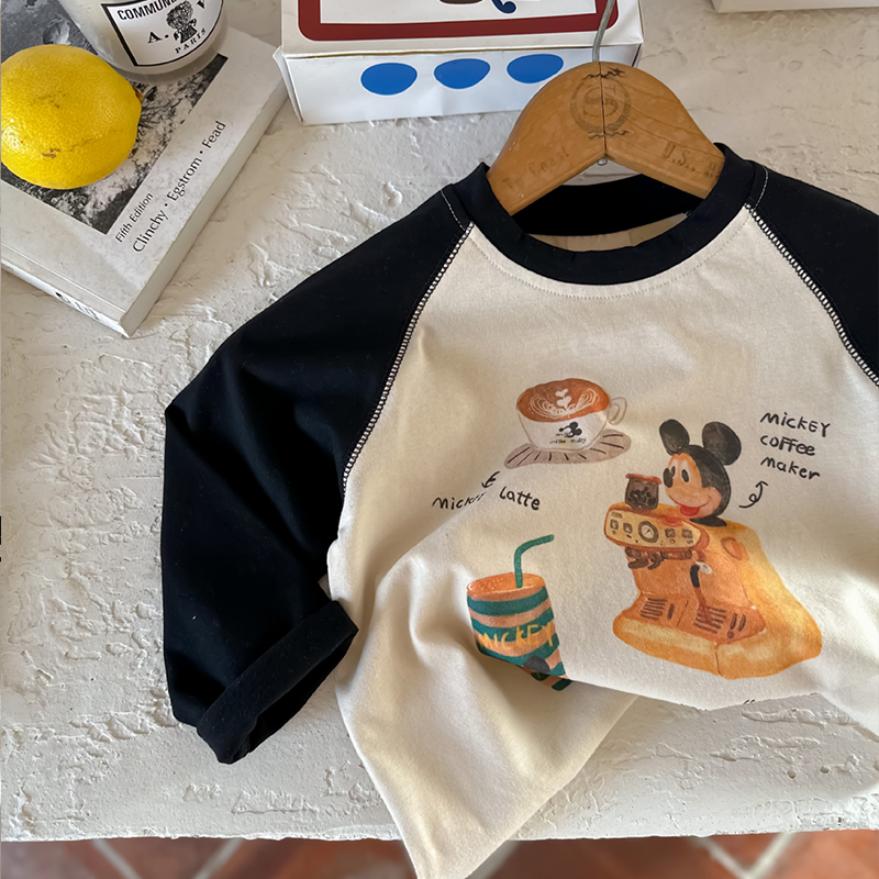 儿童棉长袖2025春薄款男女童圆领撞色T恤宝宝宽松印花打底衫上衣