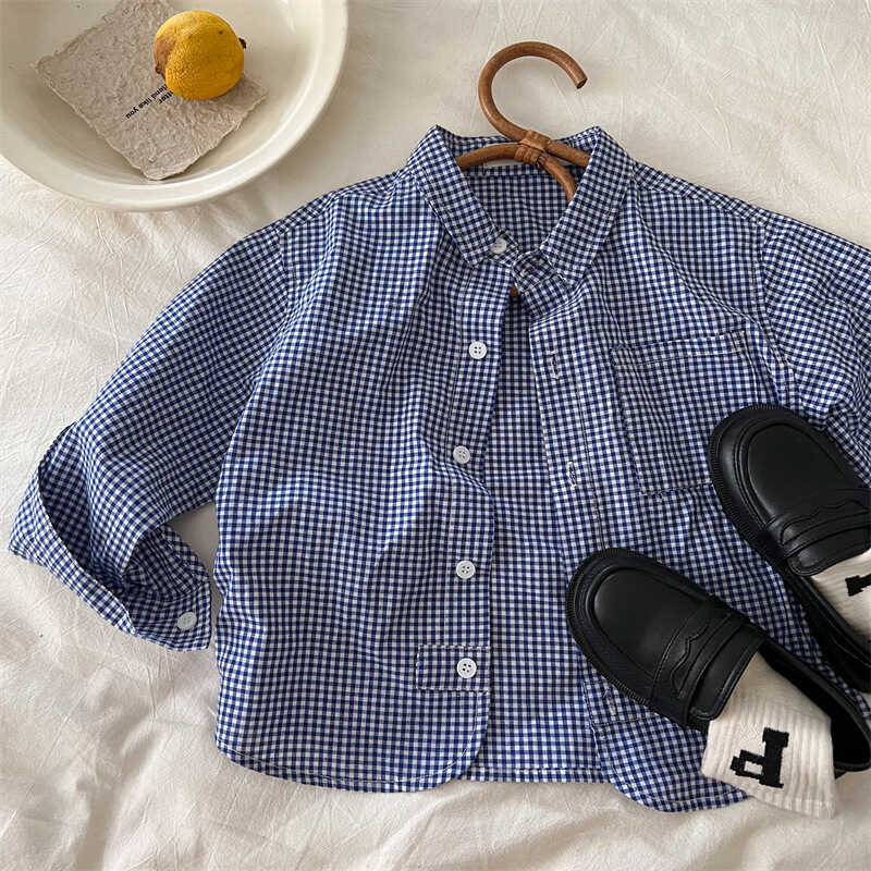 宝宝蓝格衬衫文艺上衣简约翻领