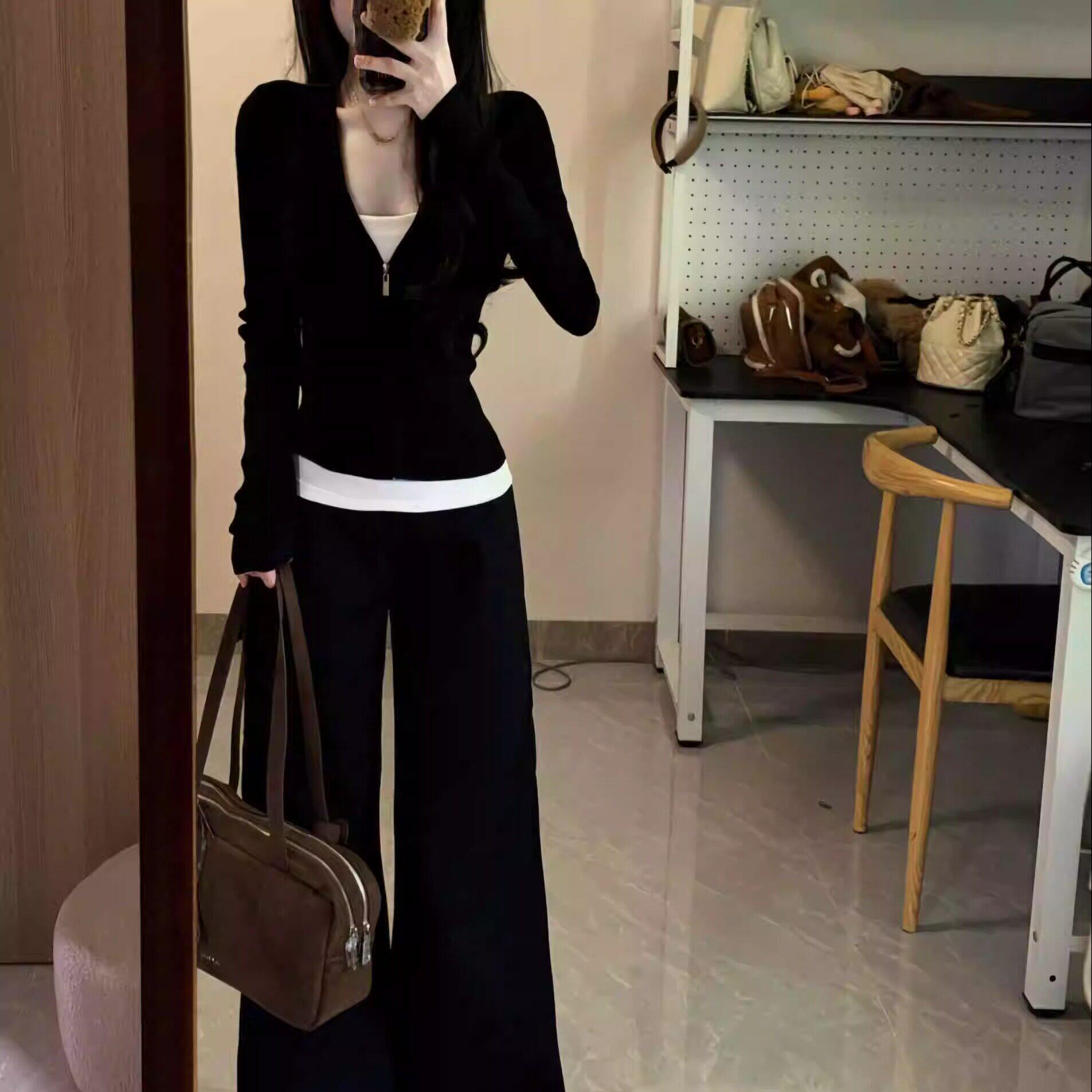 韩系早春黑色开衫假两件长袖T恤女夏季修身拉链显瘦纯欲薄款上衣