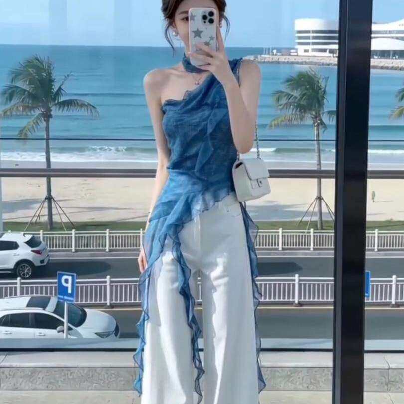 设计感法式不规则斜肩上