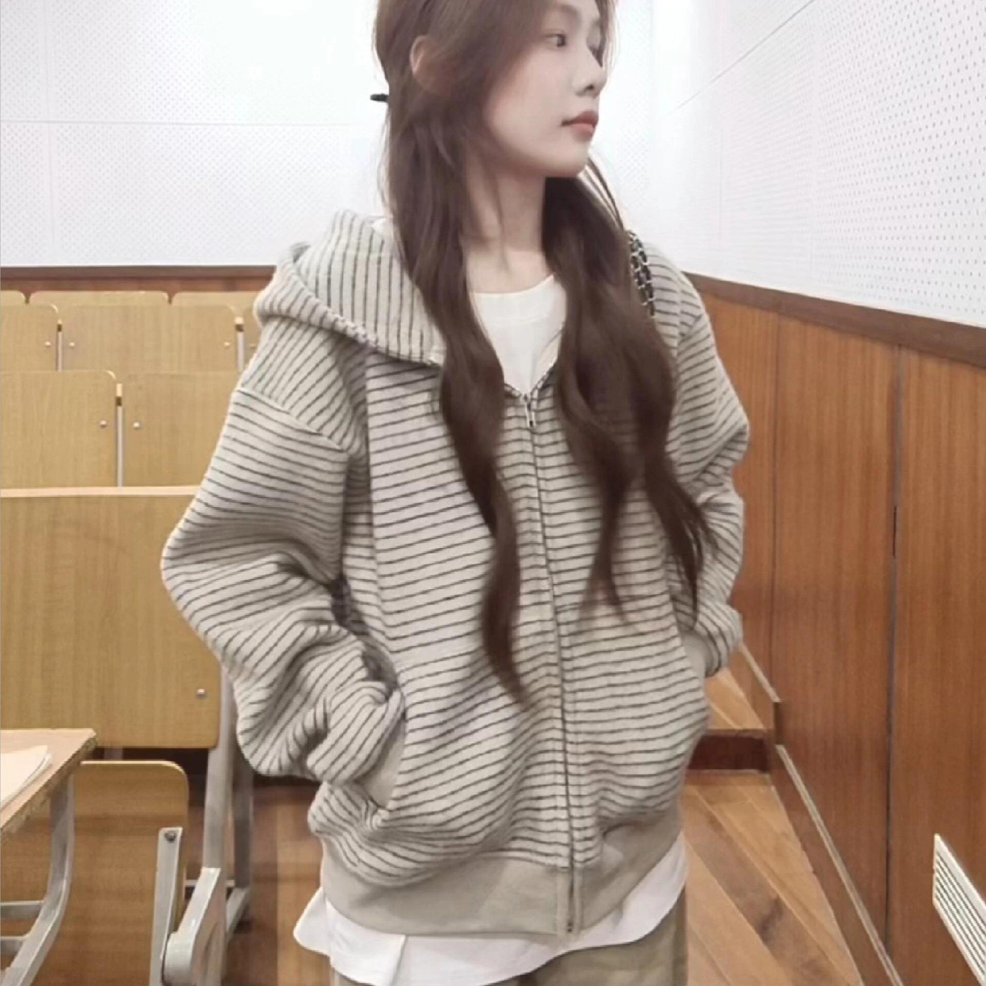 美式复古韩系连帽卫衣外套女秋季慵懒风宽松条纹撞色开衫百搭上衣