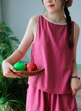 乌梅子酱·Fishhome原创棉麻格子花边背心五分裤家居服睡衣可外穿