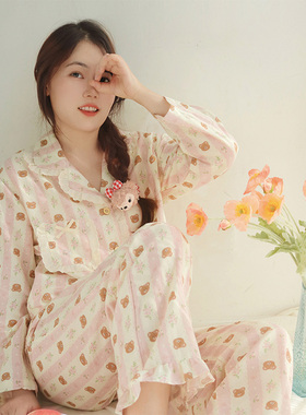 甜粉条纹熊·Fishhome原创纯棉双层纱卡通长袖长裤家居服2025