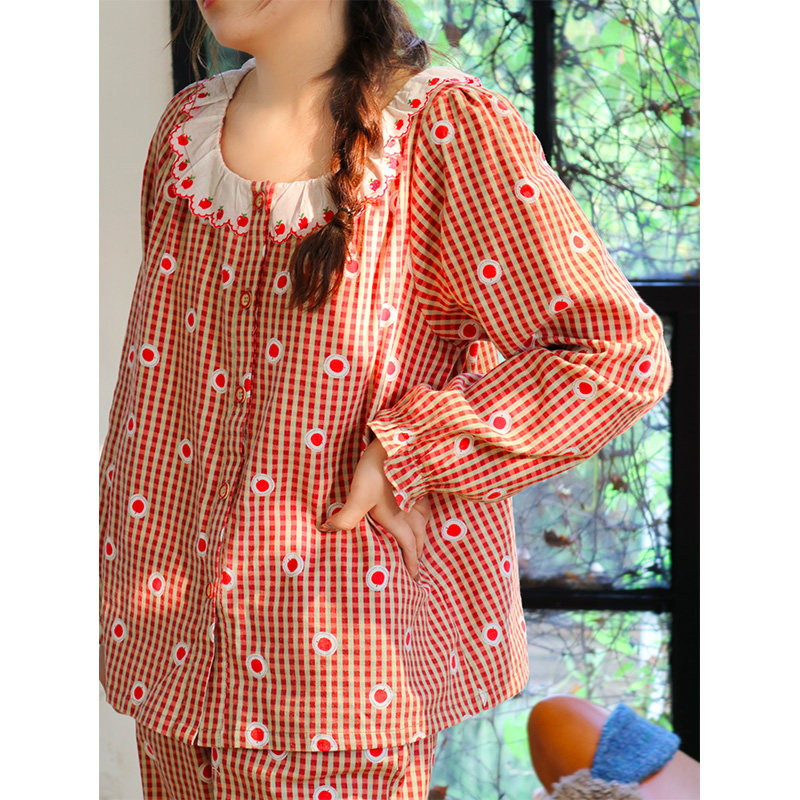 苹果红格·FishHome原创纯棉磨毛本命年睡衣花边领长袖长裤家居服,女士内衣/男士内衣/家居服,睡衣/家居服套装,淘宝优惠券,粉丝福利购,淘宝优惠卷