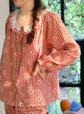 苹果红格·FishHome原创纯棉磨毛本命年睡衣花边领长袖长裤家居服