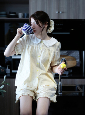 香草奶油黄·Fishhome原创纯棉薄款娃娃领短袖短裤家居服睡衣2026