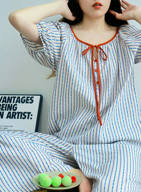 Fishhome原创时尚红蓝条纹圆领纯棉短袖八分裤家居服睡衣可外穿