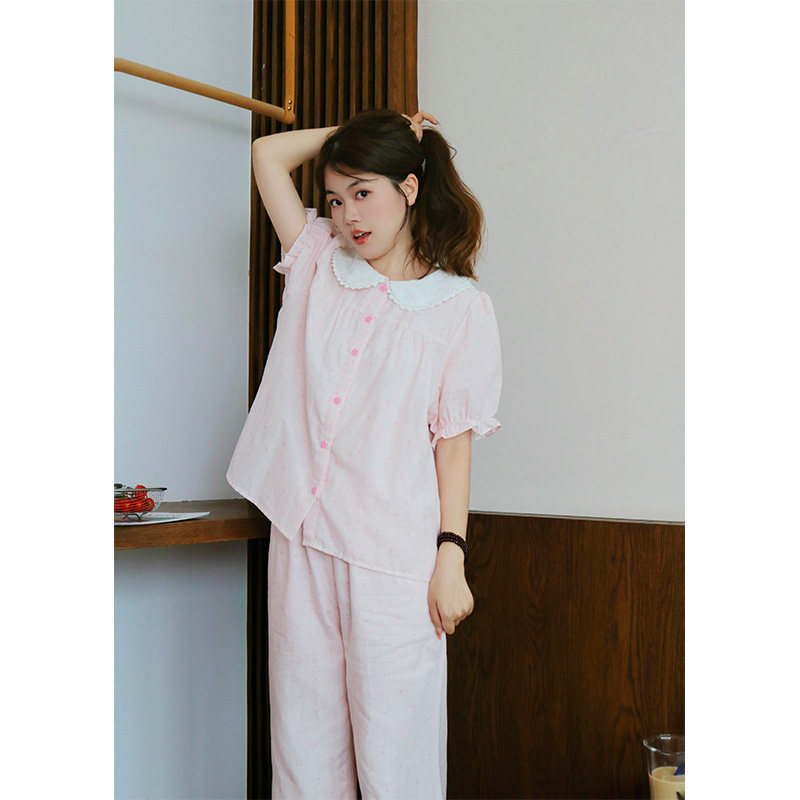 浅粉波点&middot;Fishhome原创纯棉纱布娃娃领三件套短袖长裤睡衣2026春