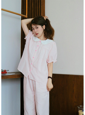 浅粉波点·Fishhome原创纯棉纱布娃娃领三件套短袖长裤睡衣2026春