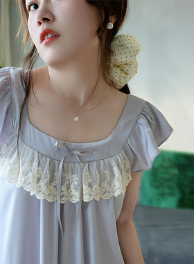 Fishhome原创冰丝凉感薄款灰紫花边方领小飞袖中长睡裙2026夏季