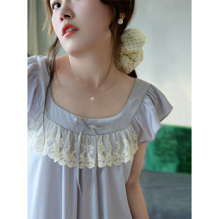 中长睡裙2025夏季 Fishhome原创冰丝凉感薄款 灰紫花边方领小飞袖