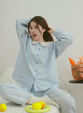 奶蓝波点·Fishhome纯棉双层纱娃娃领长袖长裤家居服睡衣2025新