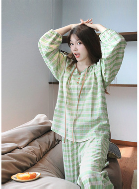 青柠绿格·Fishhome圆领套头纯棉少女长袖长裤家居服睡衣2025秋