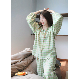 青柠绿格·Fishhome圆领套头纯棉少女长袖长裤家居服睡衣2025秋