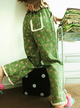 Fishhome复古碎花纯棉双层纱宽松家居裤睡裤直筒遛弯长裤2025新