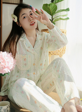 薄荷绿曼波兔·Fishhome原创纯棉双层纱花边领长袖长裤家居服睡衣