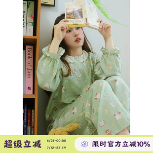 长裤 奶油绿熊熊～Fishohome纯棉双层纱花边领长袖 家居服睡衣2025