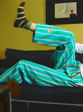 Fishhome原创柯基刺绣蓝绿条纹棉麻休闲家居裤萝卜裤可外穿2025