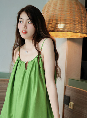 复古绿·Fishhome原创串珠吊带凉感气质美背中长睡裙可外穿2026夏