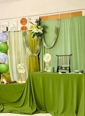 新中式布幔古风场景布置绿色系春天幼儿园环创背景布国风装饰挂布