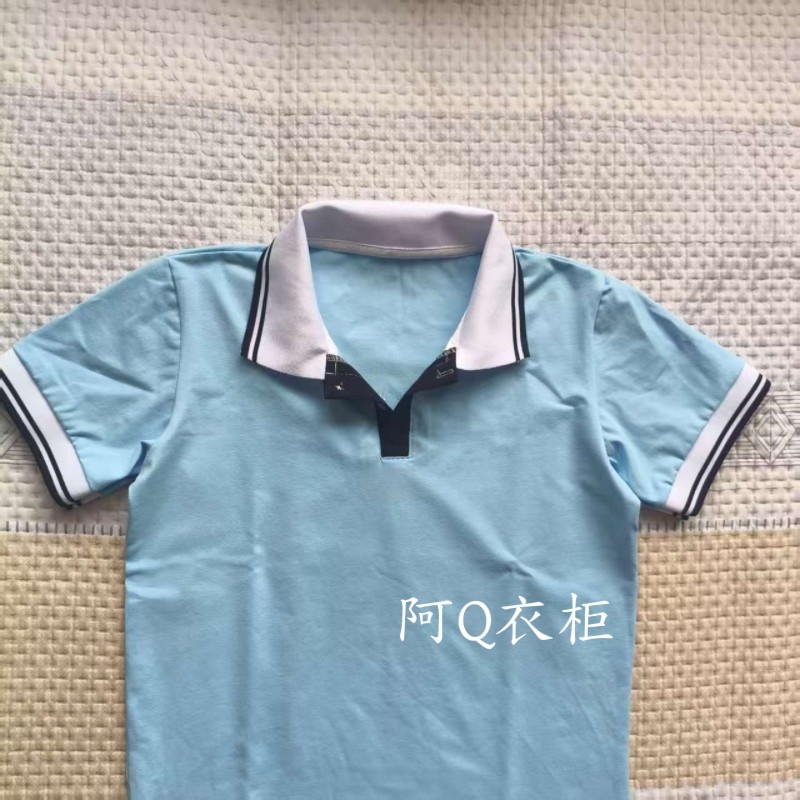 夏薄中小学生校服短袖 T恤淡蓝色白底藏蓝翻领纯棉运动校服上衣
