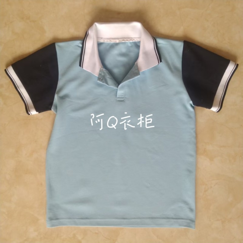 夏季中小学生校服短袖T恤湖蓝色藏蓝袖翻领宽松运动短袖校服上衣