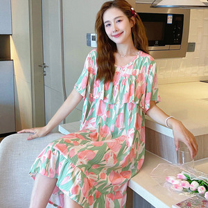 防凸点棉绸睡裙女夏短袖绵绸睡衣人造棉连衣裙睡衣裙大码可爱外穿