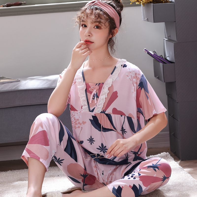 棉绸睡衣女夏短袖长裤绵绸家居服人造棉套装可出门休闲可爱大码薄