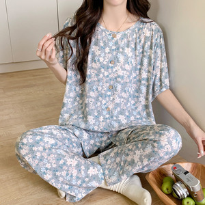 棉绸妈妈睡衣女春夏短袖长裤薄款绵绸家居服人造棉中老年套装大码