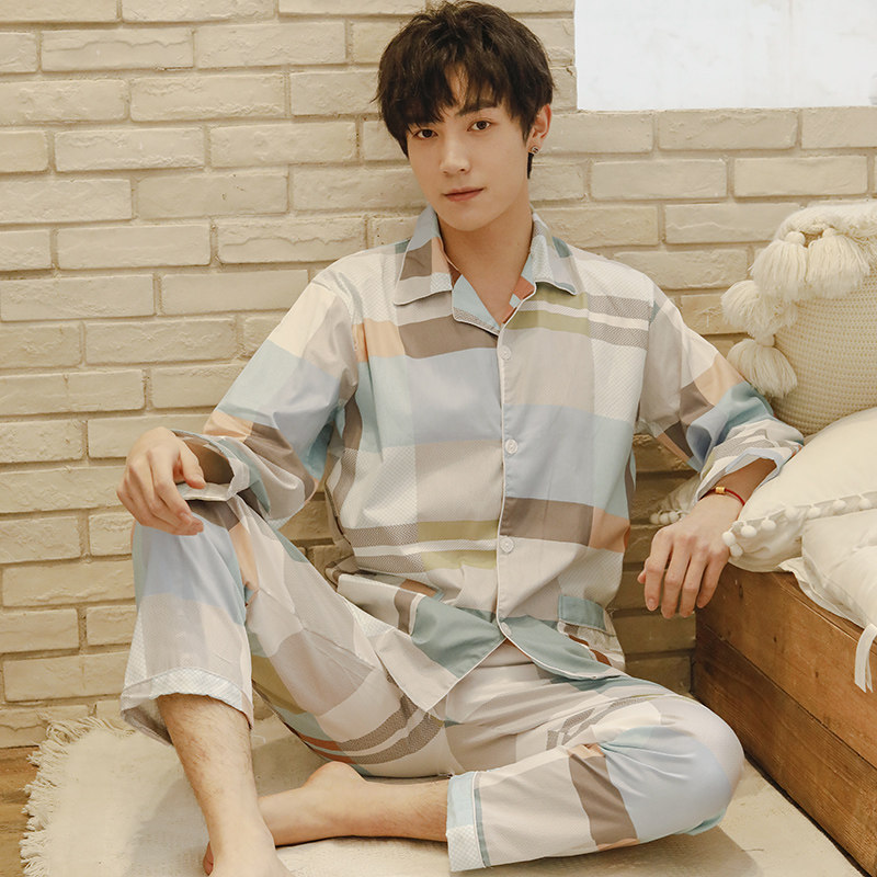 日式男士睡衣春秋款纯棉夏长袖全棉家居服梭织棉布外穿大码薄套装