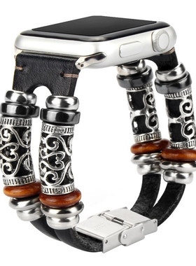 适配苹果Apple watch手表带iWatch6se54/1/2/3民族风真皮表带42mm