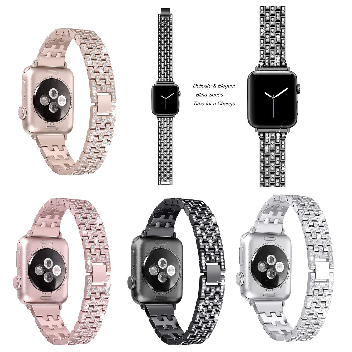 适用apple watch苹果iWatch6se5/42/3手表带五珠满钻链式金属表带