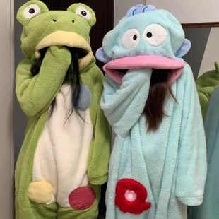 丑鱼青蛙连体睡衣女冬款2025新款珊瑚绒男加厚毛绒情侣成人家居服