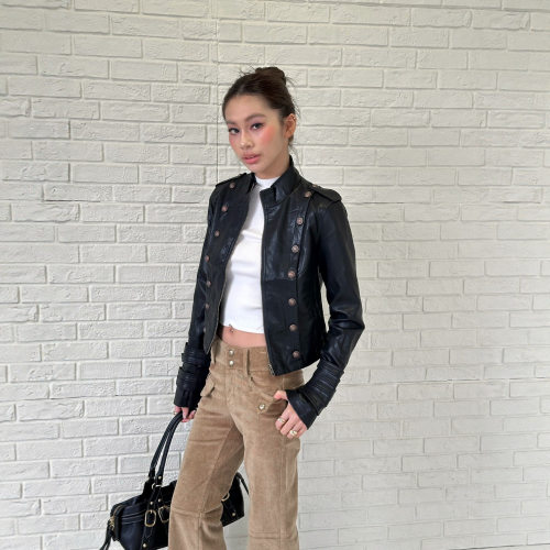 AC 拿破仑双排扣机车收腰皮衣外套高级感翻领显瘦短款夹克女ins风