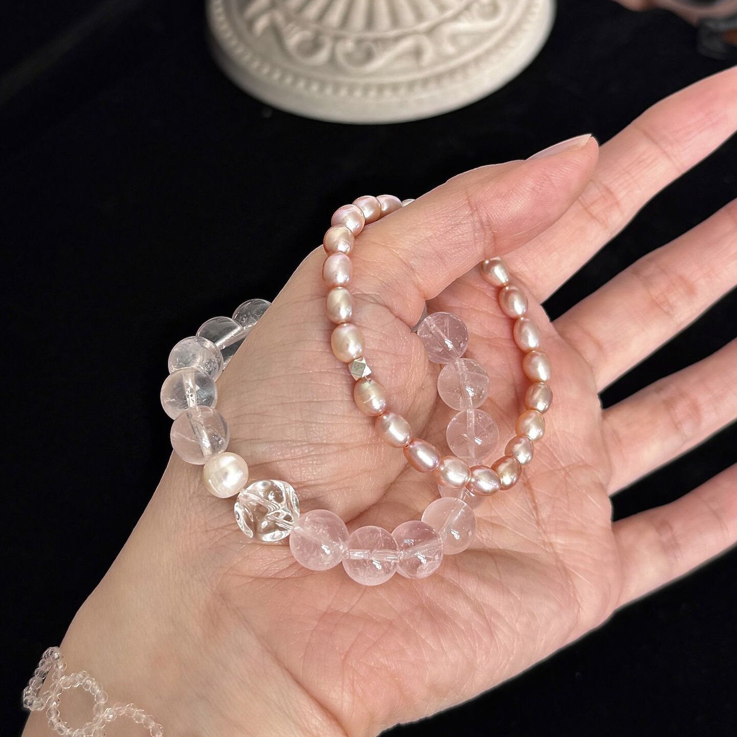 AC定制 春季新款天然粉水晶珍珠手串白水晶手链女ins风百搭叠戴