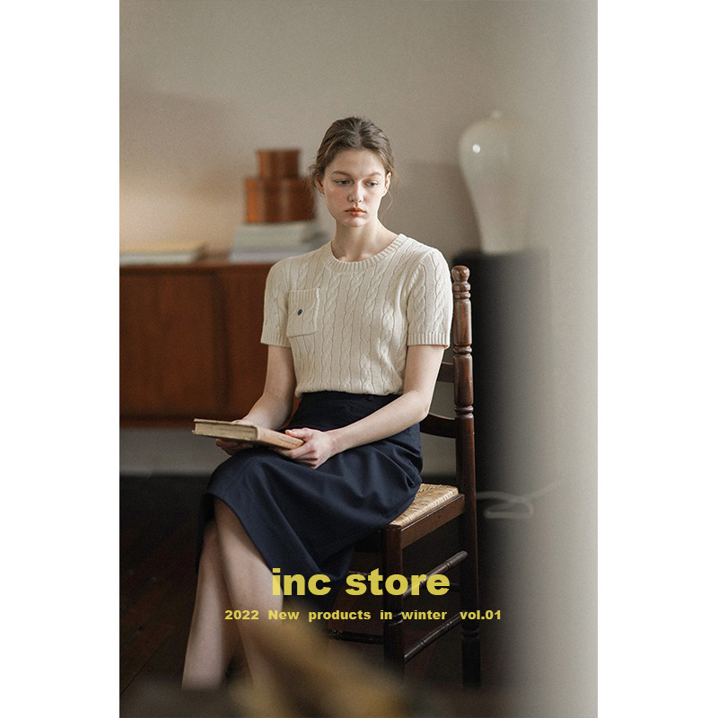 inc store 2023初春新品两色绞花小贝壳绣短袖棉毛针织套头衫_虎窝淘