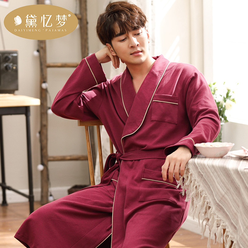 男士睡袍纯棉长袖浴袍男装全棉春秋夏季薄款夏天长款连体睡衣男