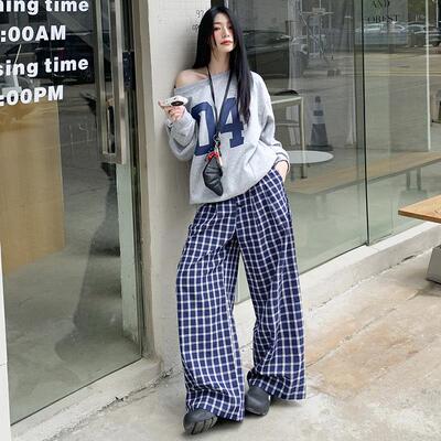 Checkered pants for women with a slimming effect and wide