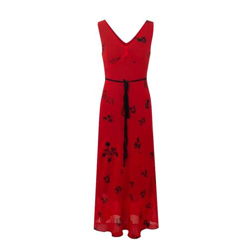 Red V-neck camisole dress for women, Xia Xin, cinched