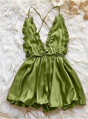 Dress with deep collar, hanging neck, tied rope, backless