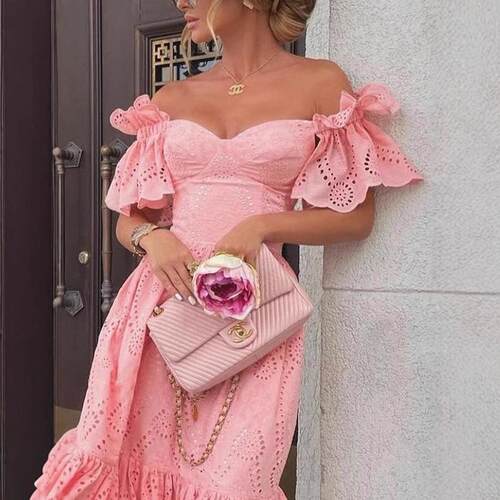 One shoulder polka dot dress, long skirt
