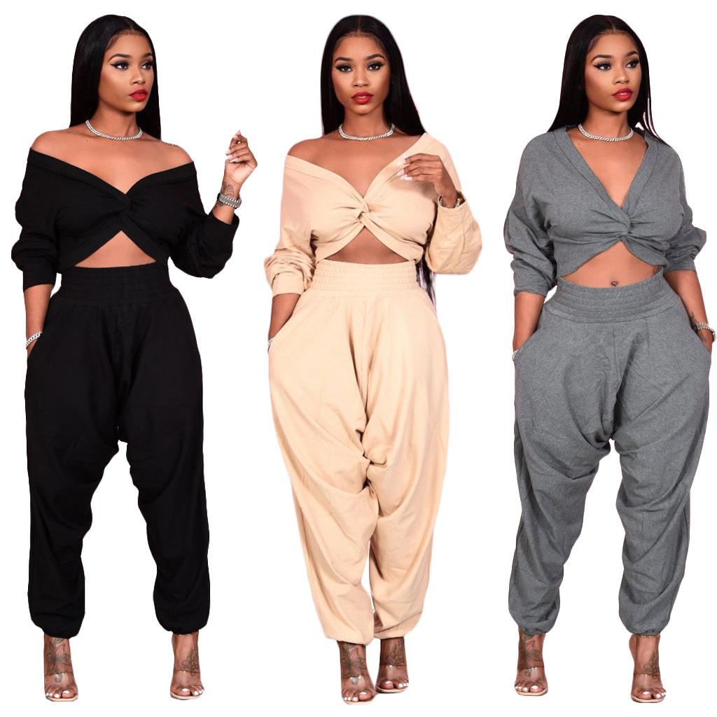 Women's cropped collar cross top with hanging crotch pants