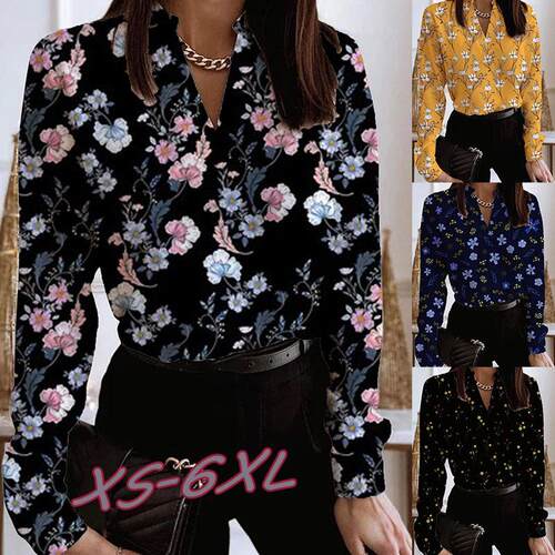 Large size top, long sleeved stand up collar shirt, floral