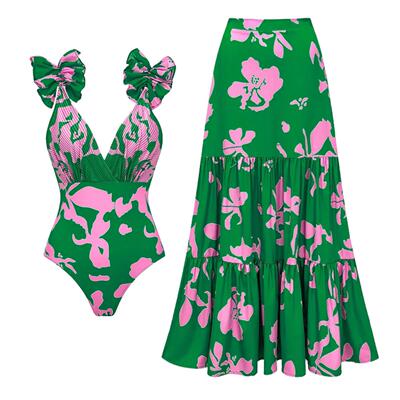 Printed one-piece swimsuit women's set 印花连体泳衣女套装