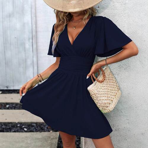 Deep V-neck ruffle sleeves tied dress