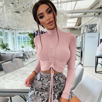 Women's pleated exposed navel half high neck long sleeved