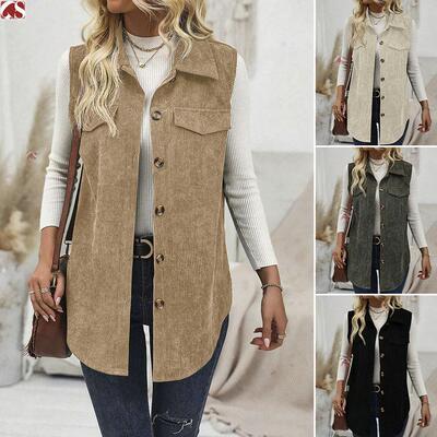 Women's vest with horseclip, lapel, cardigan, corduroy for
