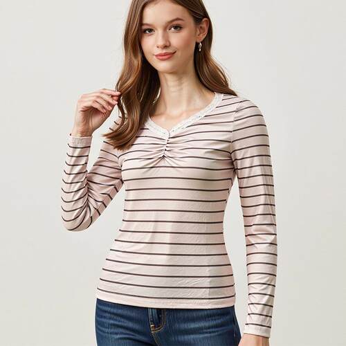 Ruiyi lace striped T-shirt long sleeved warm inner top for