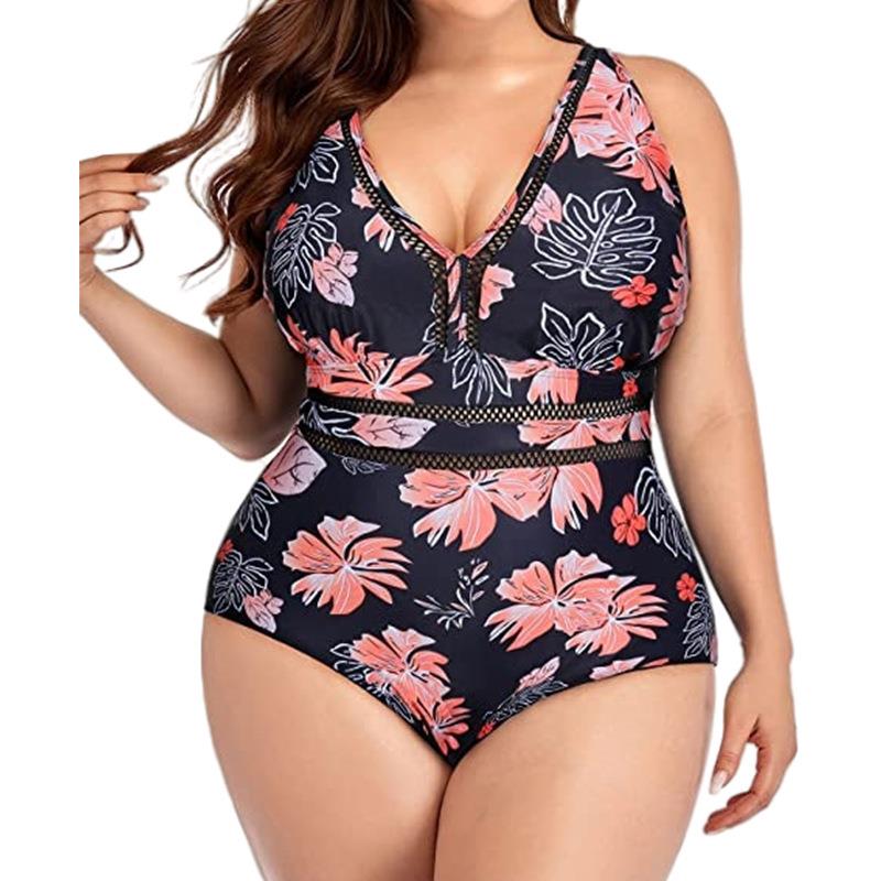 Women's plus size one-piece swimsuit fabric splicing